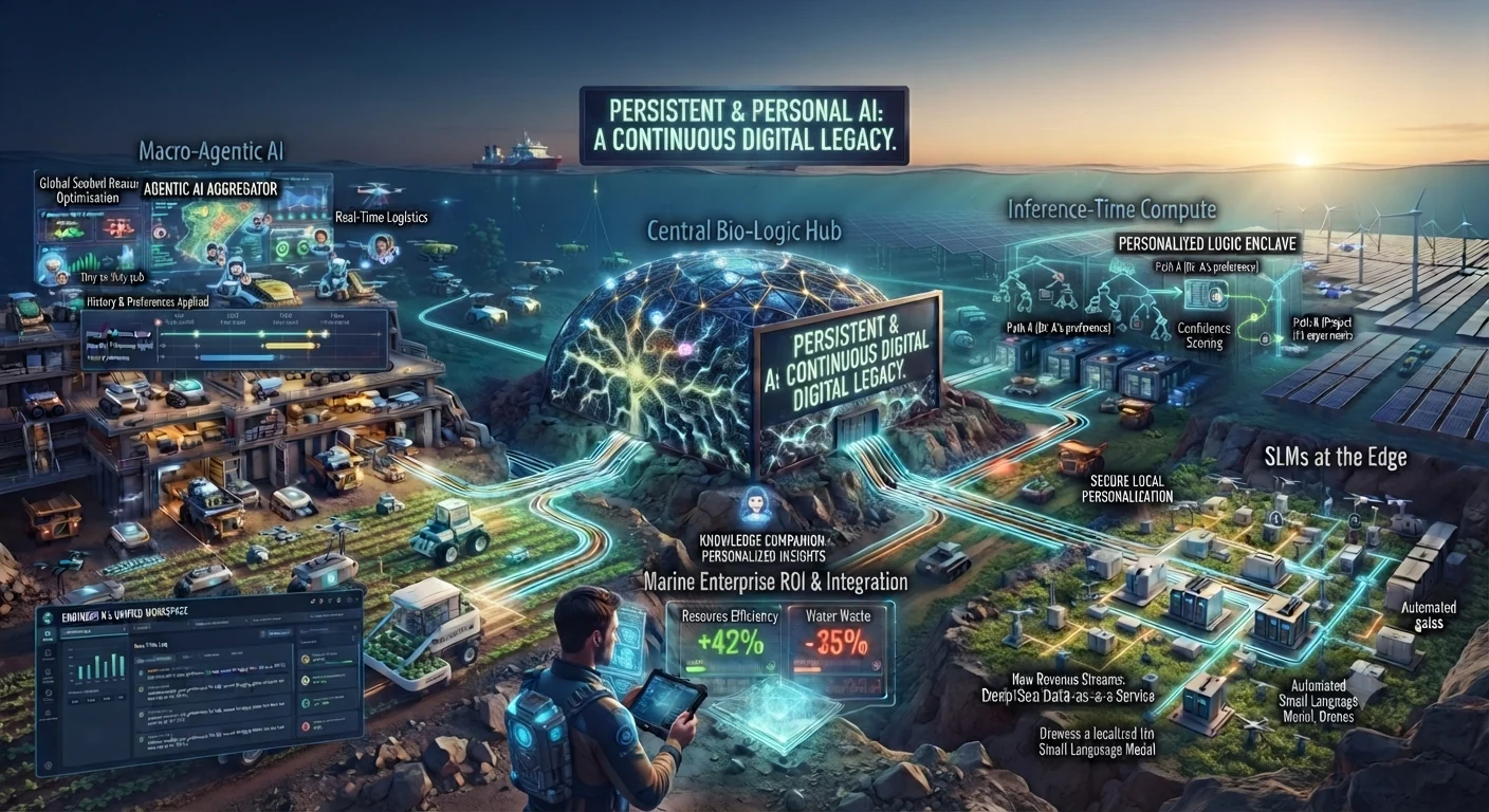 Concept illustration of persistent personal AI, agentic systems, inference-time computing and small language models operating at the edge