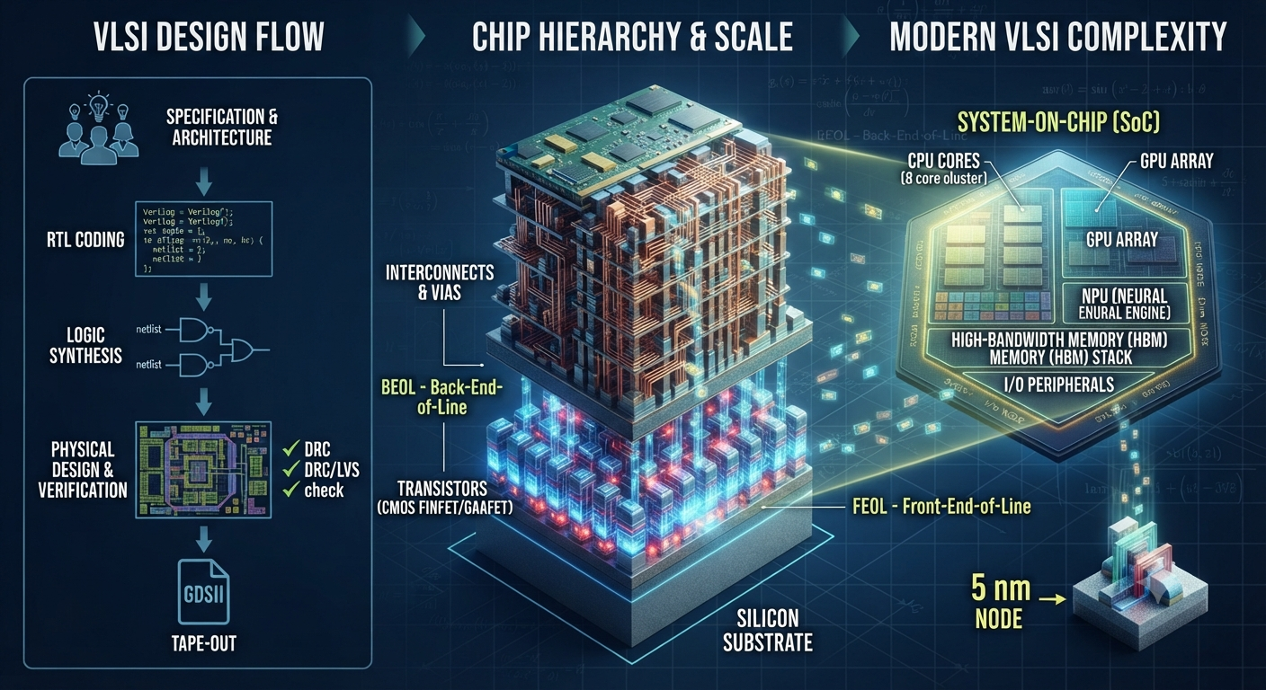 VLSI design flow showing specification, RTL coding, synthesis, physical design, verification and GDSII tape-out