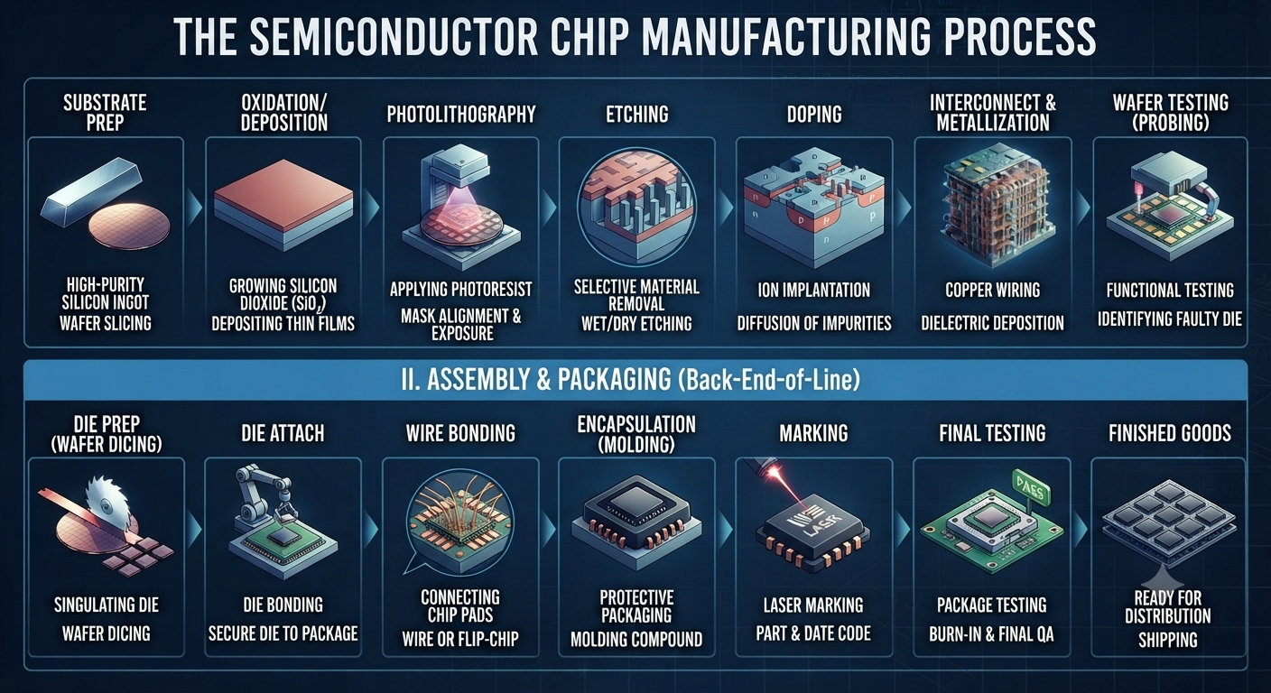 Illustrated semiconductor manufacturing process from wafer preparation through fabrication, assembly and final testing