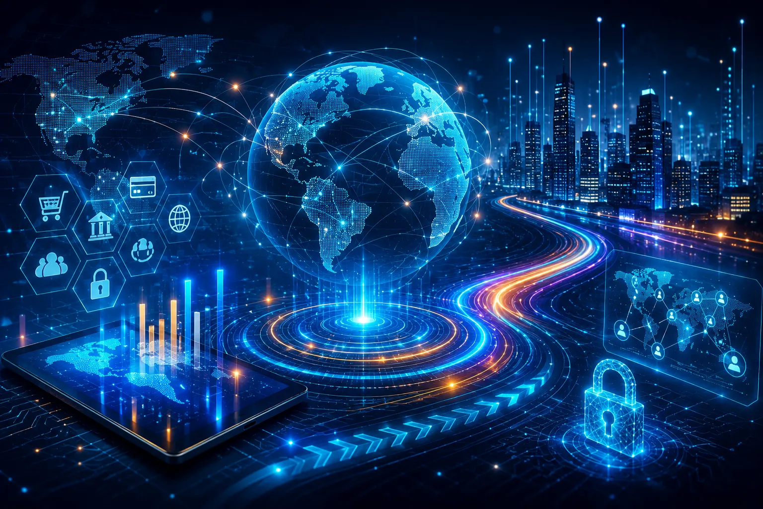 AI-generated conceptual visual of market analytics, digital payments and connected financial technology