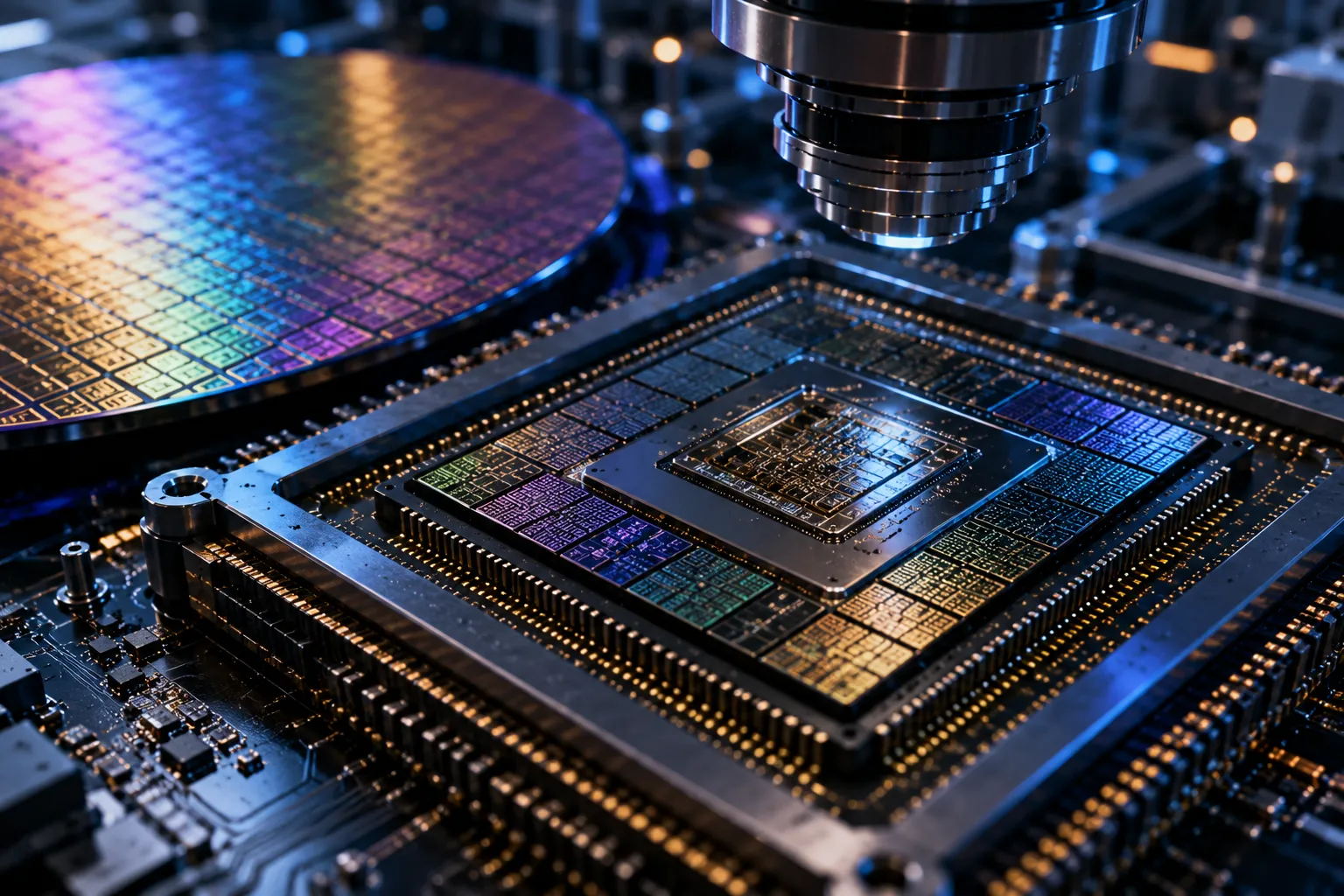 AI-generated conceptual visual of semiconductor chip manufacturing and VLSI technology