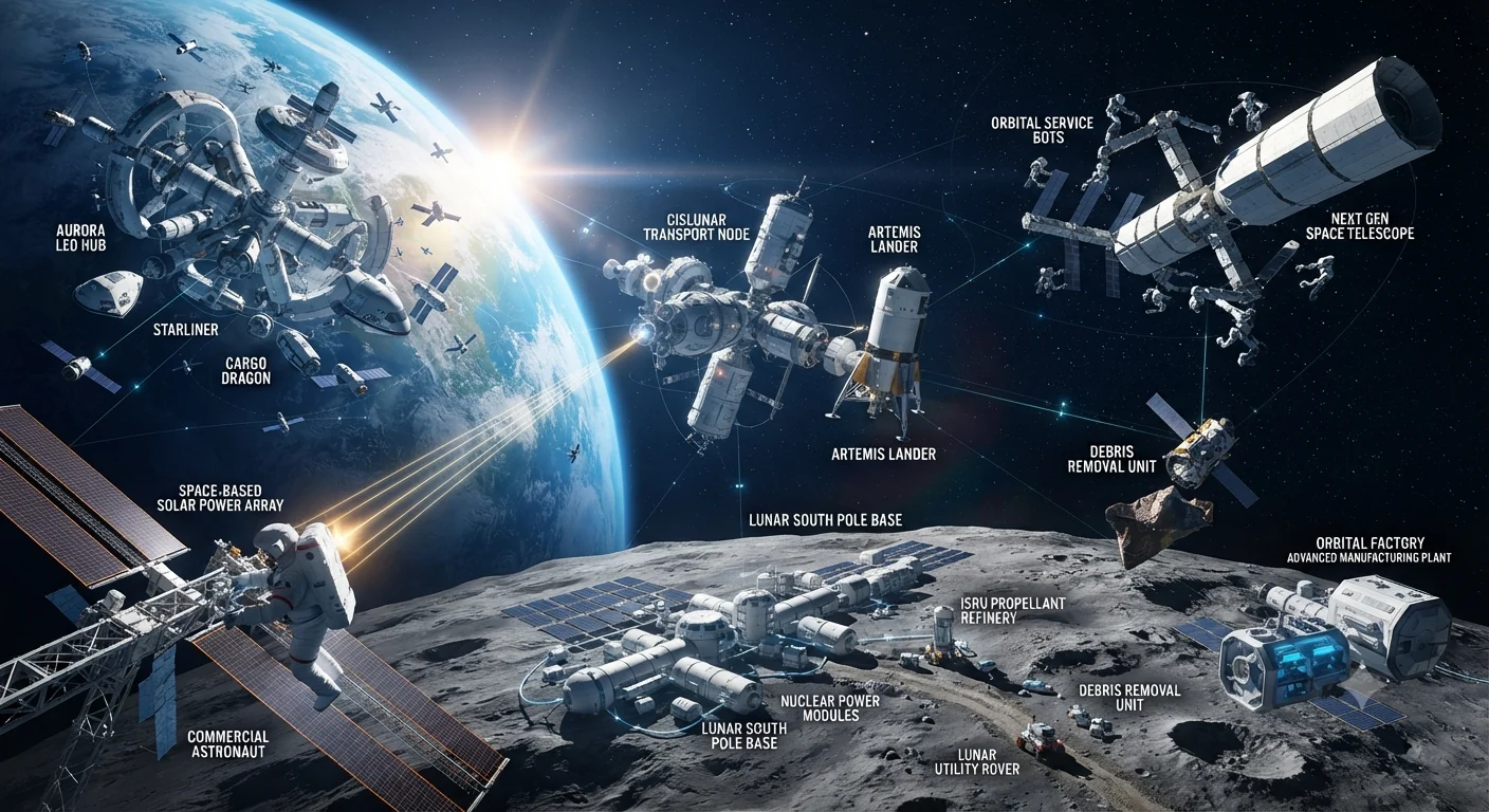 Deep-space infrastructure connecting Earth orbit, lunar transport, a Moon base, servicing robots and scientific observatories