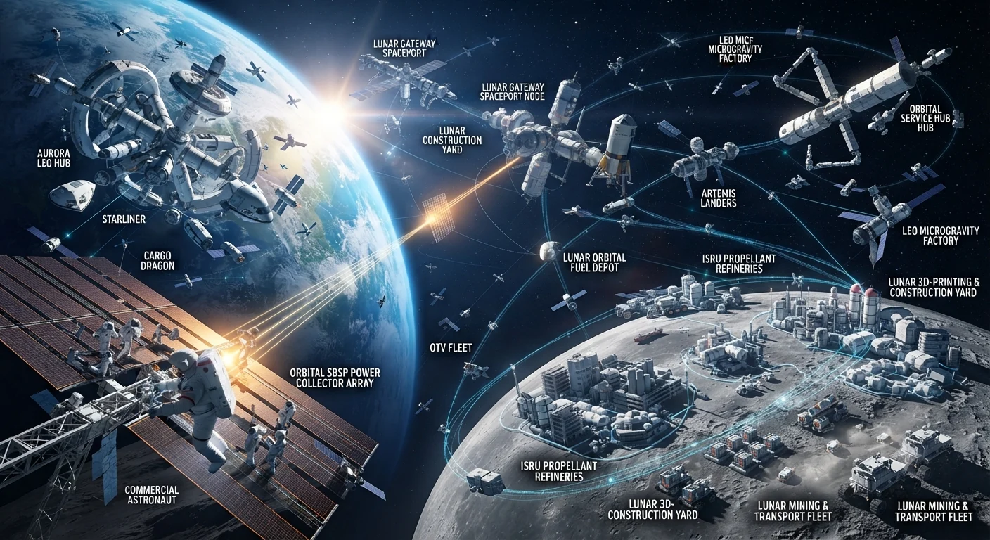 Integrated orbital and lunar network with habitats, servicing hubs, construction yards and resource infrastructure