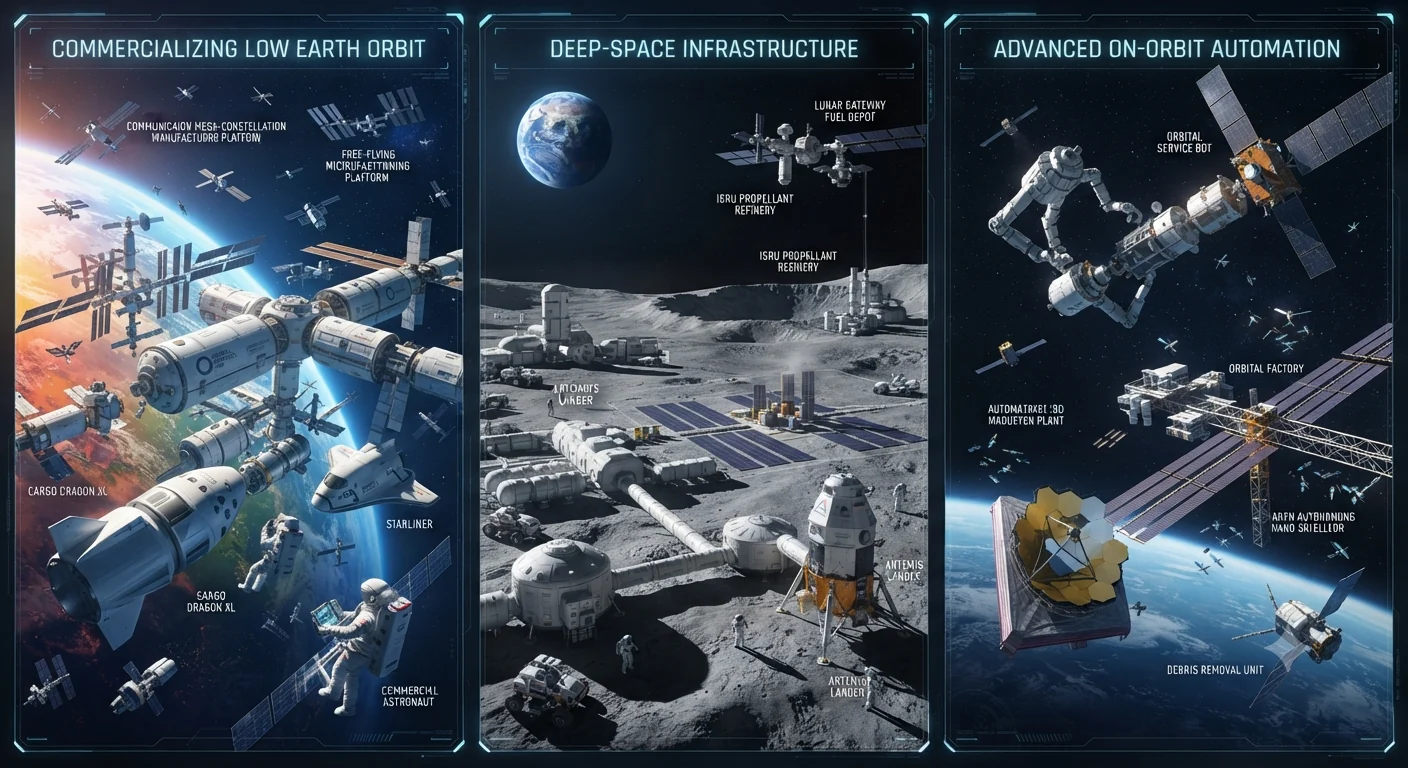 Three-part illustration of commercial low Earth orbit, lunar infrastructure and robotic on-orbit automation