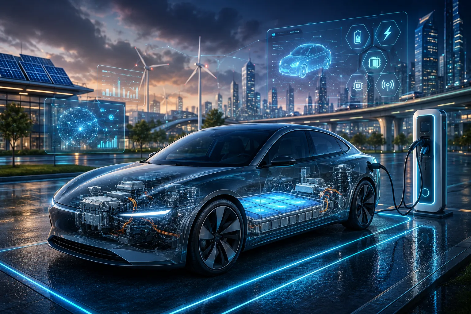 AI-generated conceptual visual of an electric vehicle, charging and connected mobility technology